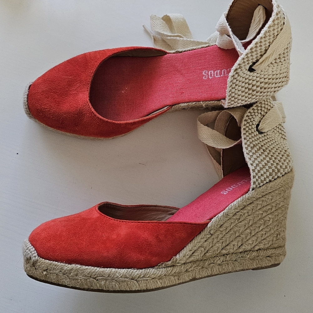 Soludos Women's Platform Wedge Espadrilles Red Espadrille Wedge Ankle-Tie Size 8